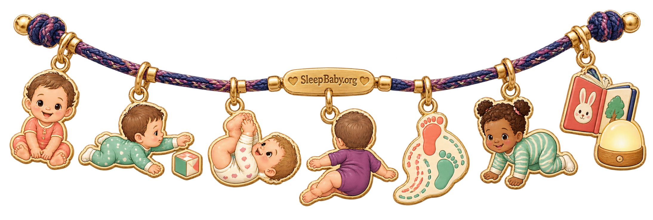 Movement charms show sitting, reaching, rolling, pivoting, scooting and hands-and-knees practice.