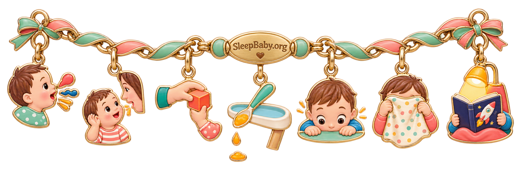 Communication and play charms show babbling, listening, transferring, dropping, searching and peek-a-boo.