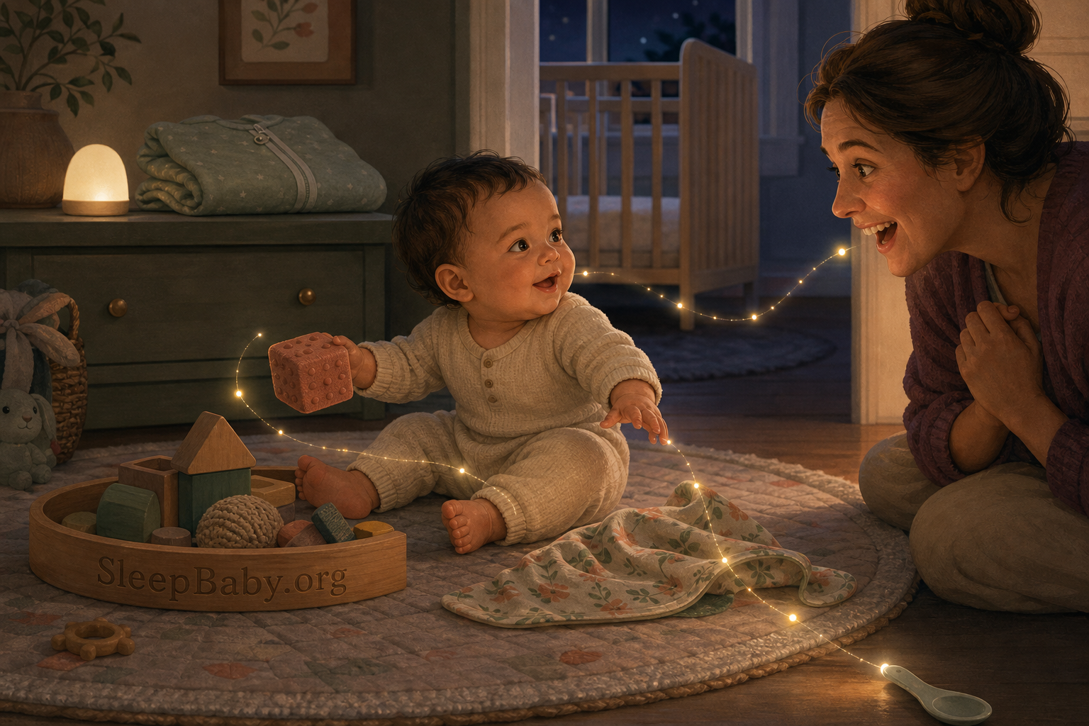 An eight-month-old combines block transfer, searching, listening and shared play in one twilight scene.