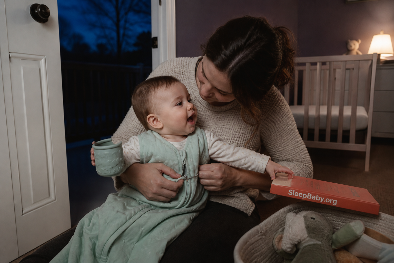 An awake eight-month-old reaches for a bedtime book while a caregiver closes the sleep sack.