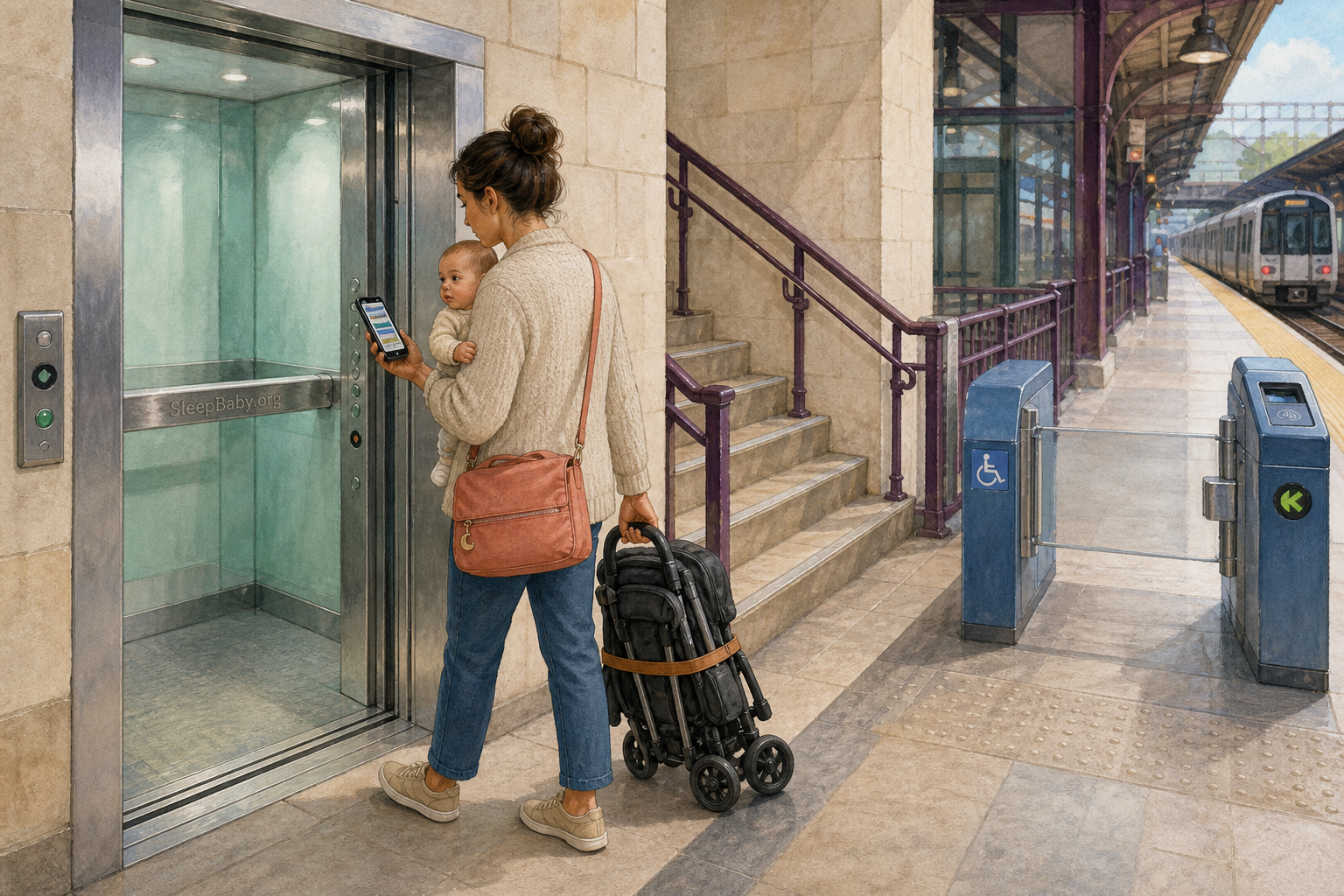 Editorial illustration shows a caregiver holding an awake baby beside an open station elevator, a folded stroller, stairs, an accessible gate, and a train platform.
