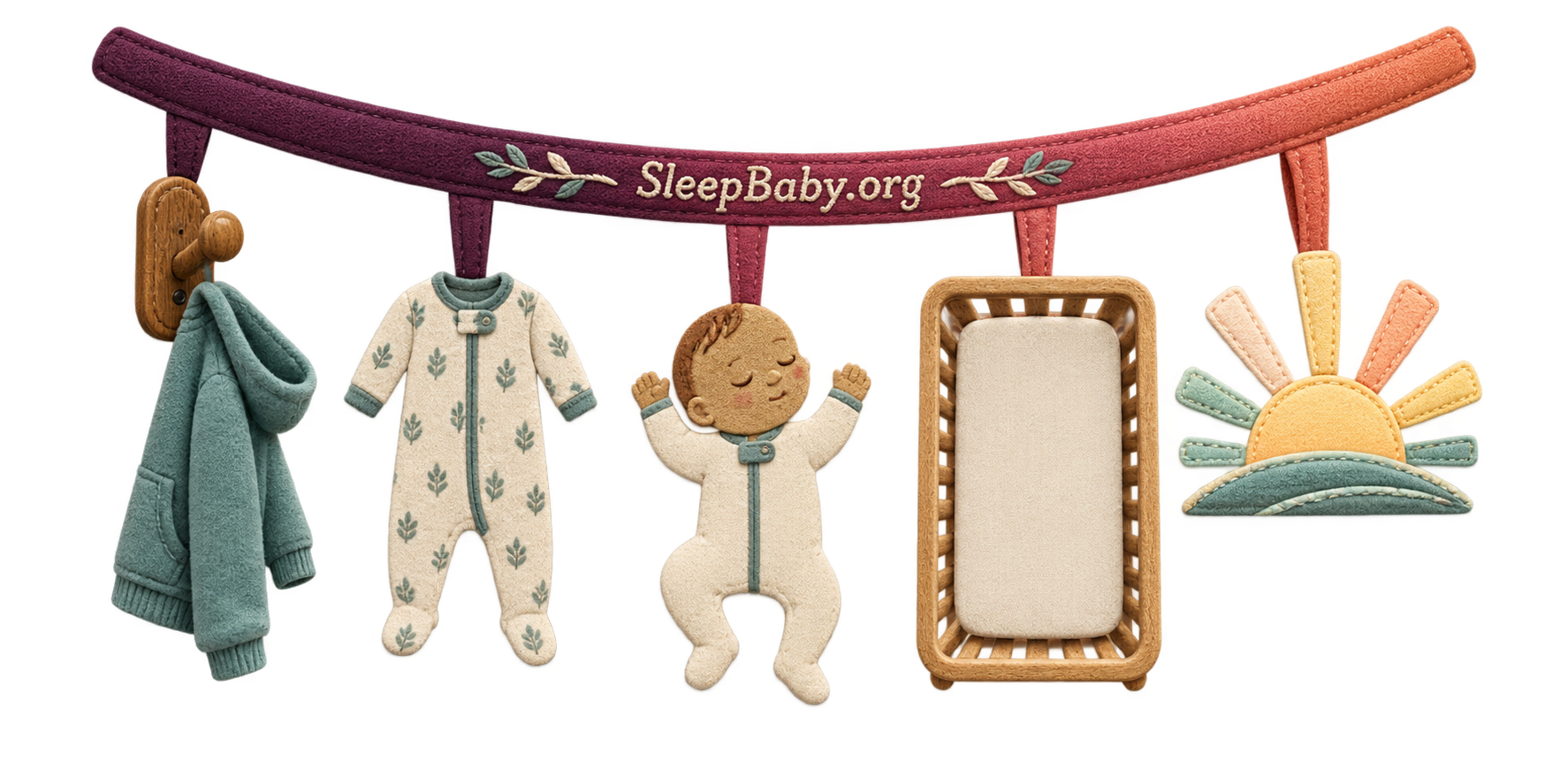 Transparent rail keeps a hoodie on an outside hook and leads through fitted sleepwear to an empty mattress and dawn.