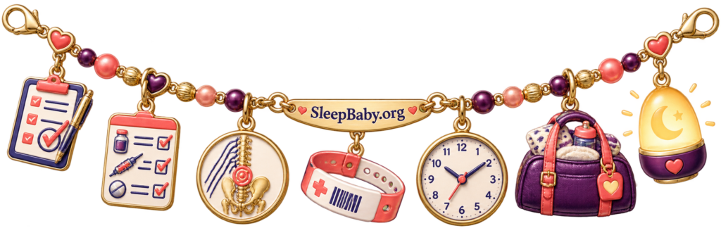 Epidural planning charm strand with consent notes, medical history, hospital bag, clock, and glowing bedside nightlight.