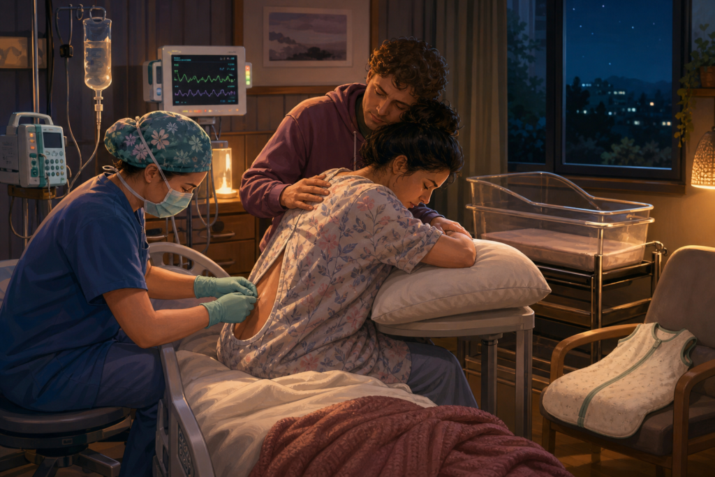 Laboring parent curls forward with support while an anesthesia clinician places an epidural beside an empty hospital bassinet.
