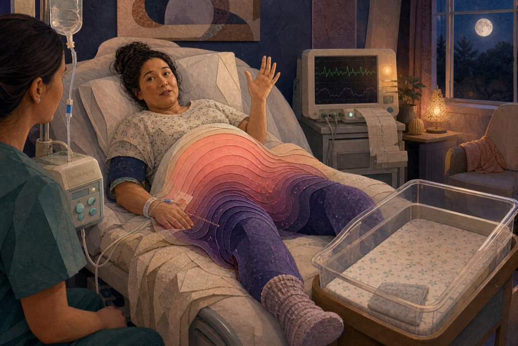 Laboring parent raises a hand beside an epidural pump as layered color bands show pain quieting while pressure remains.