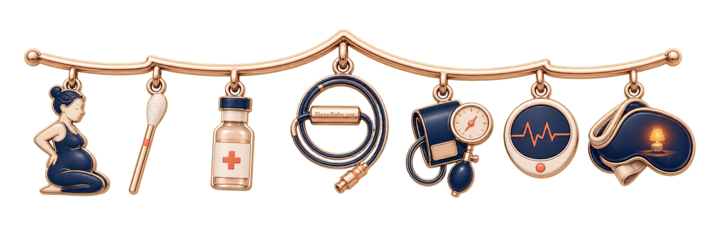 Epidural placement charm strand showing curved positioning, sterile preparation, catheter tubing, blood pressure cuff, monitor, and sleep mask.