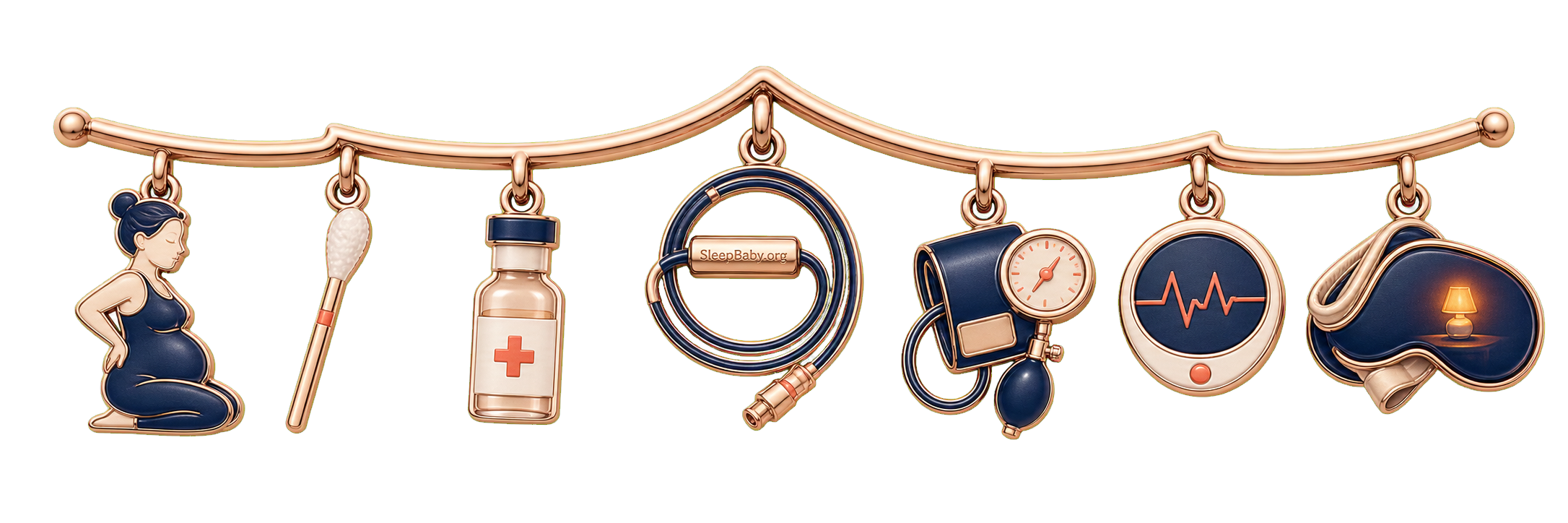 Epidural placement charm strand showing curved positioning, sterile preparation, catheter tubing, blood pressure cuff, monitor, and sleep mask.