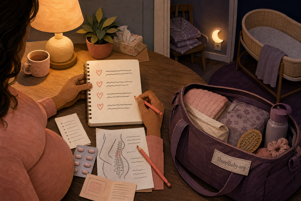 Pregnant parent prepares epidural questions beside a packed labor bag while an empty bassinet waits in a softly lit bedroom.