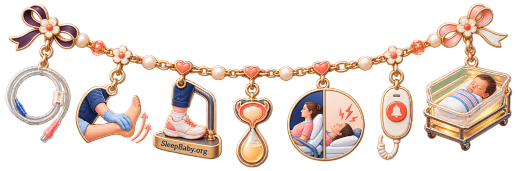 Post-epidural recovery charm strand showing catheter removal, leg check, supported step, bladder care, headache positions, call button, and sleeping newborn.