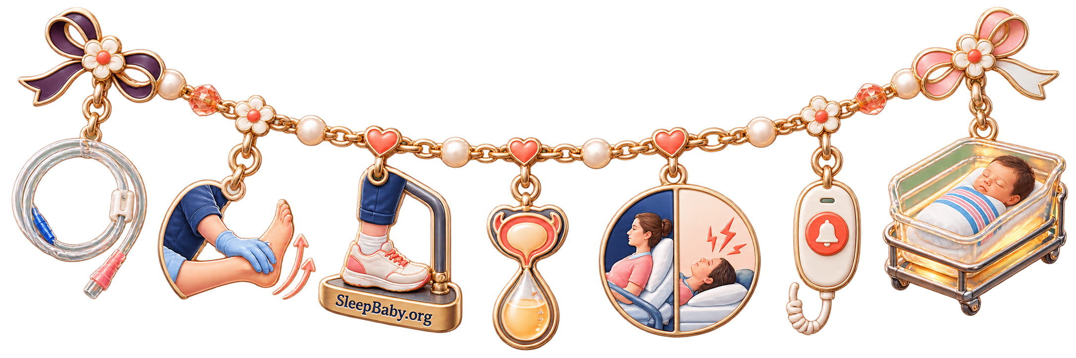 Post-epidural recovery charm strand showing catheter removal, leg check, supported step, bladder care, headache positions, call button, and sleeping newborn.