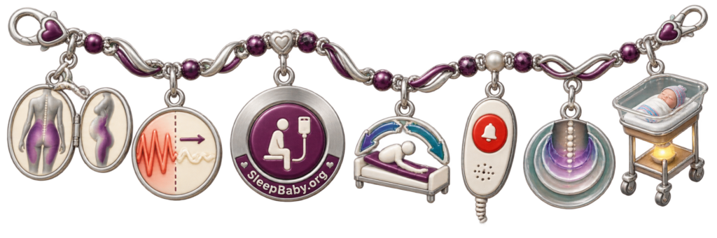 Epidural relief charm strand with softened contraction wave, pump control, position change, call button, pressure rings, and empty bassinet.