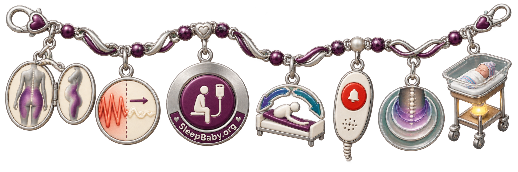 Epidural relief charm strand with softened contraction wave, pump control, position change, call button, pressure rings, and empty bassinet.