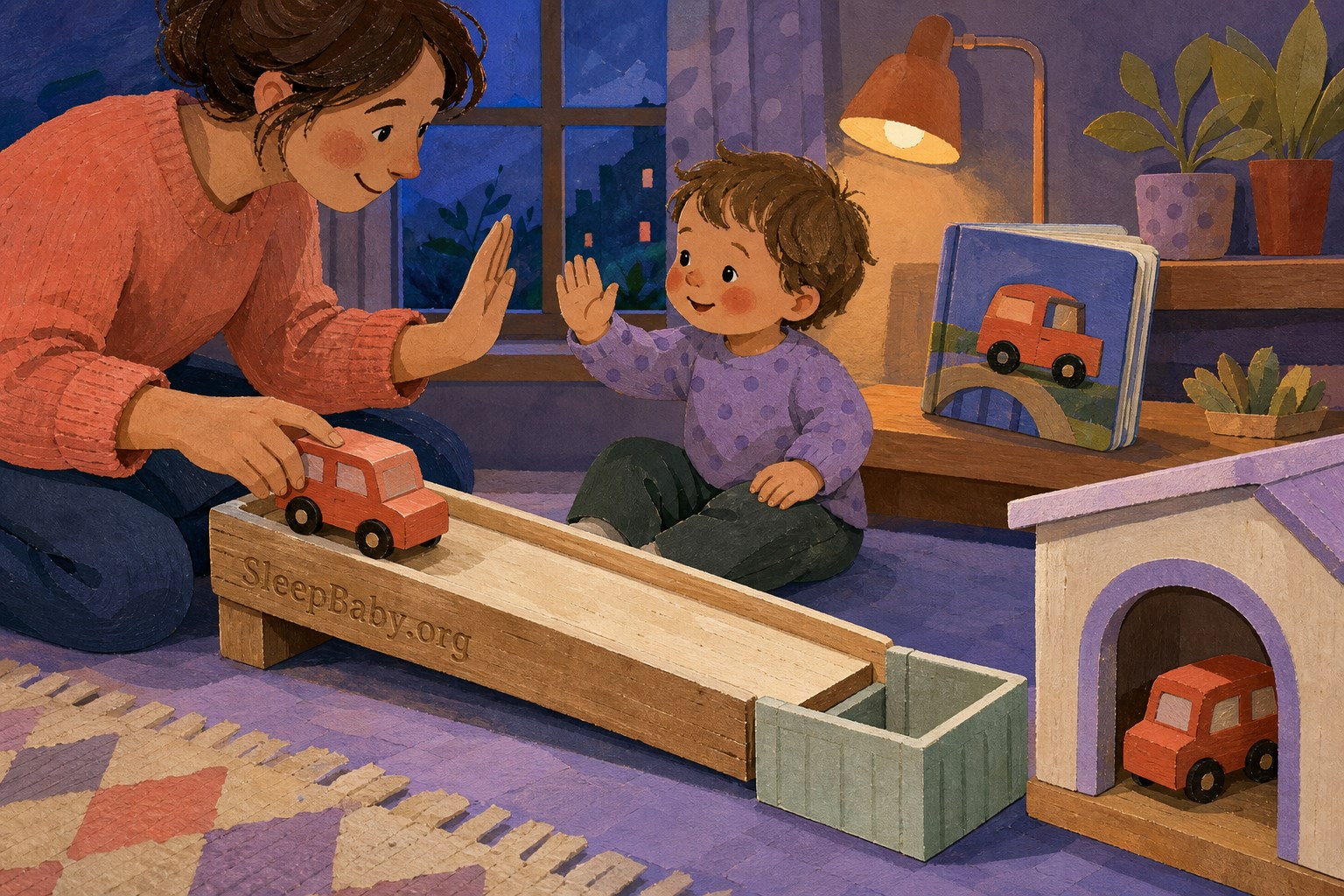 Caregiver and toddler taking turns sending a wooden car down a low ramp toward cargo blocks, a garage, and a bedtime book.