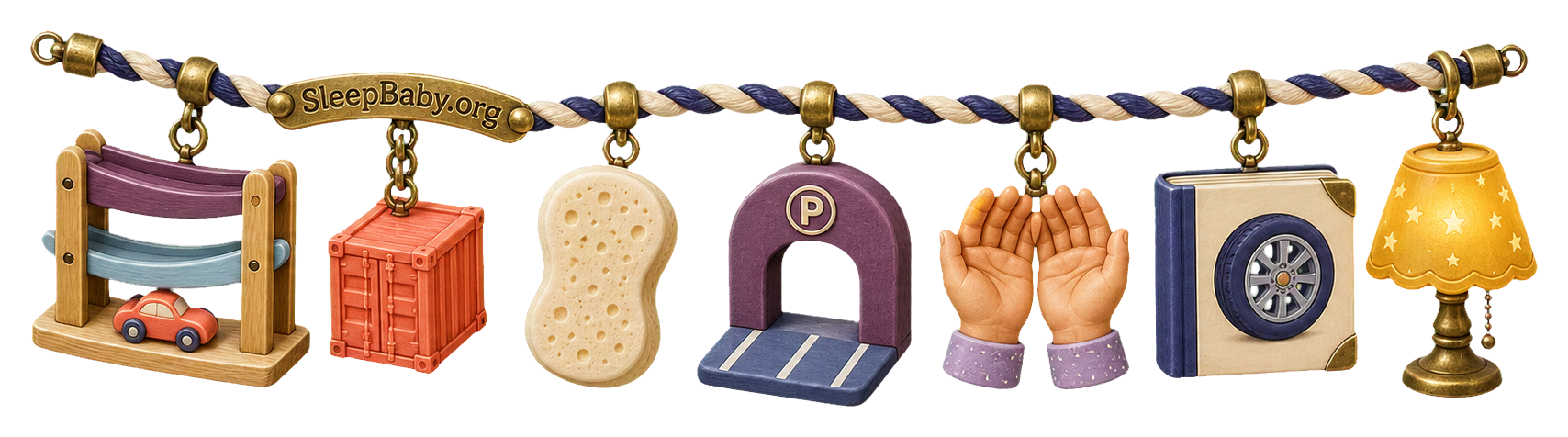 Charm strand showing a toy ramp, cargo, car wash, parking bay, turn-taking hands, wheel book, and reading lamp.