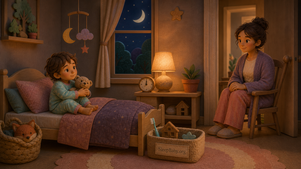 A child settles safely with a teddy bear while the caregiver stays nearby after holding a bedtime limit.