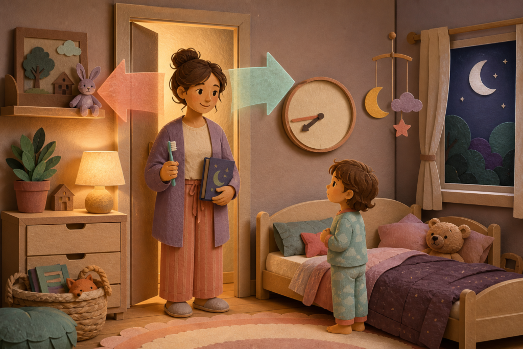 A caregiver with a toothbrush and bedtime book pauses between two directions while an awake preschooler waits beside a low bed at night.