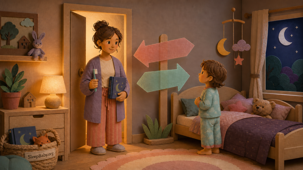 A caregiver pauses at a child's bedroom doorway beside two direction arrows, illustrating how parenting labels can point adults toward competing responses.