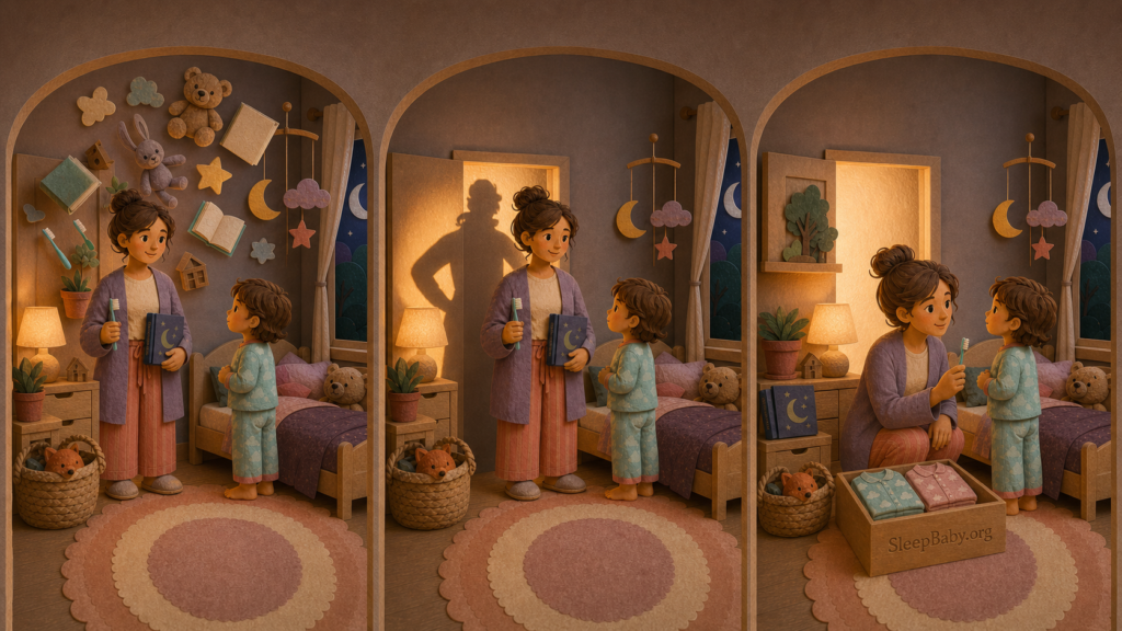 The same caregiver and child move through one bedtime under three responses: permissive drift, punitive pressure, and warm firm follow-through.