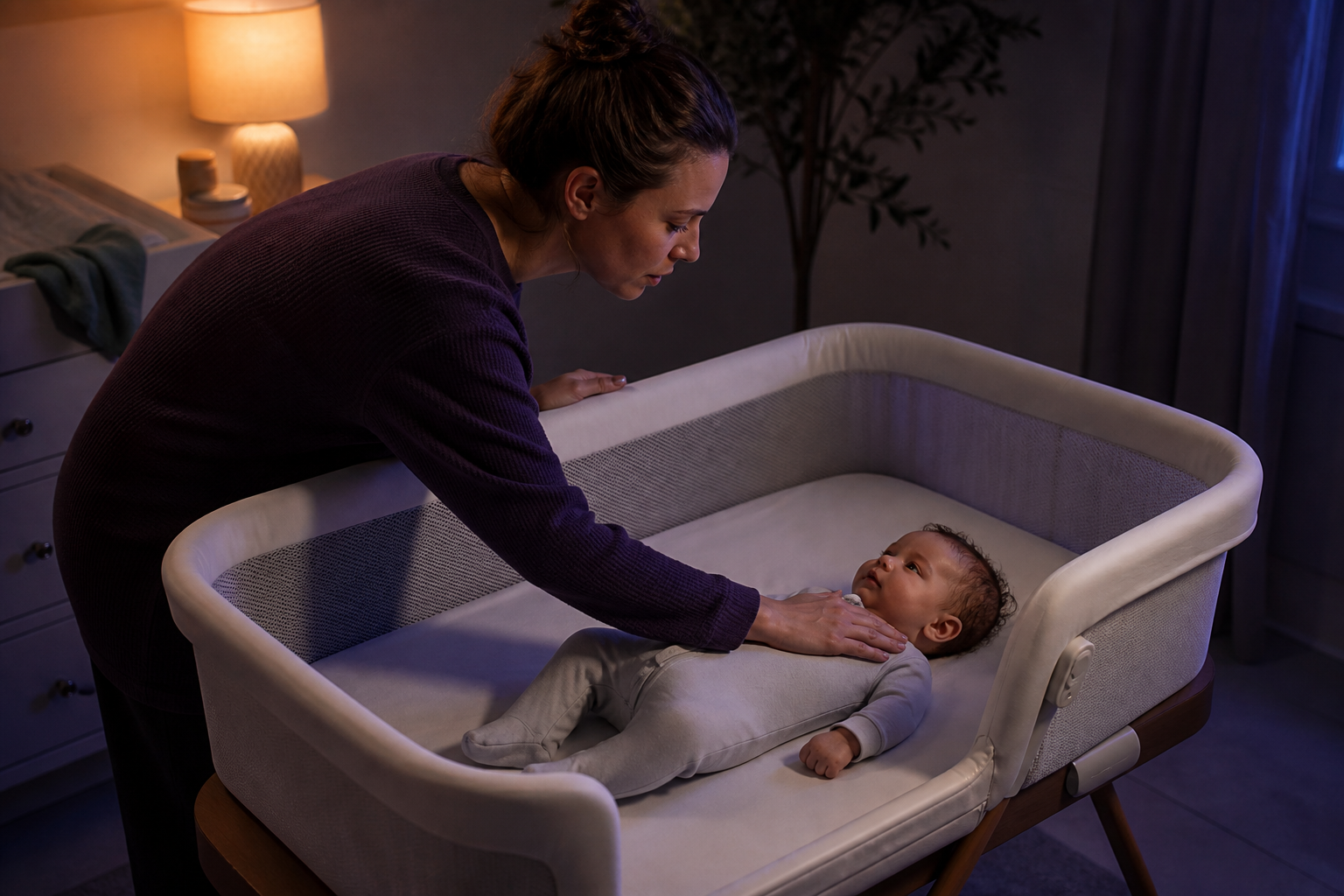 Caregiver checks a sleeping baby's chest after noticing damp hair beside an empty flat bassinet