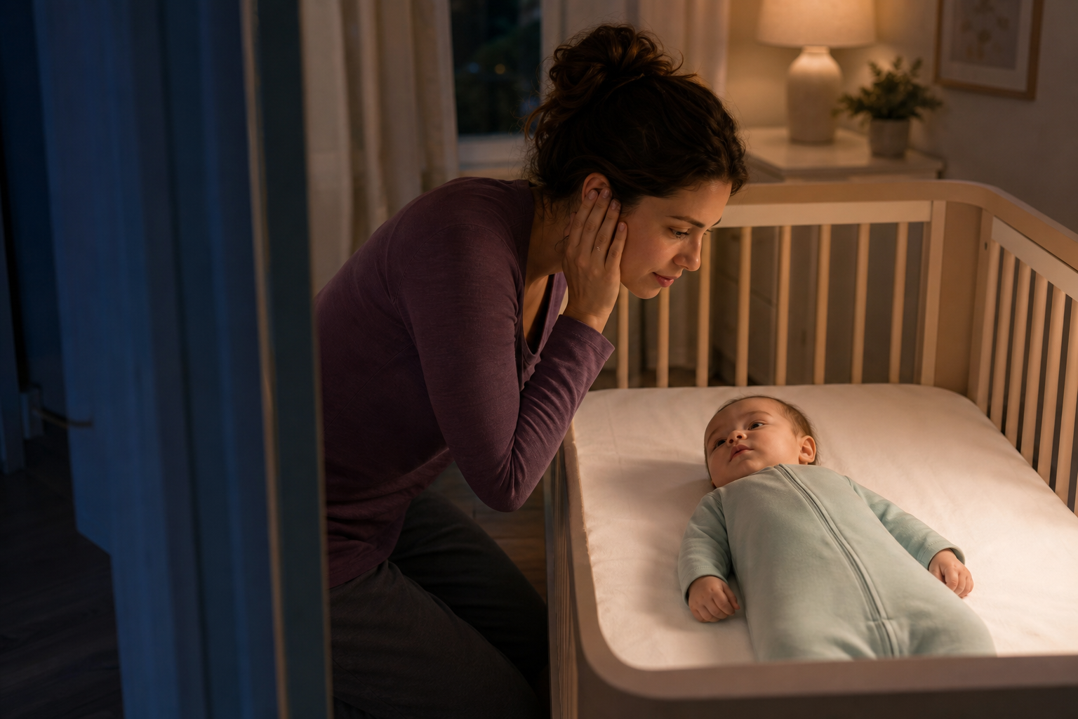Alert caregiver checks a calm baby on the back in a bare crib during the night.