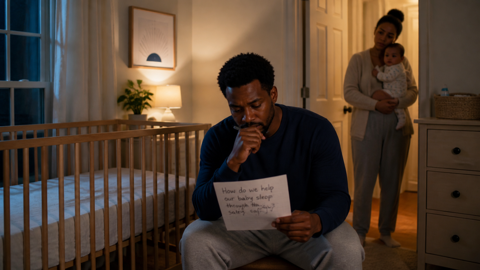 A tired father studies a one-question bedtime plan beside an empty crib while the other parent holds their awake baby.