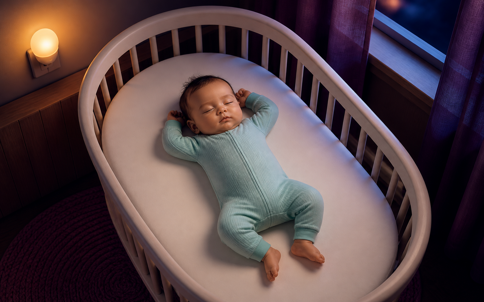 Baby sleeping on their back in an empty bassinet with both arms resting freely near the head