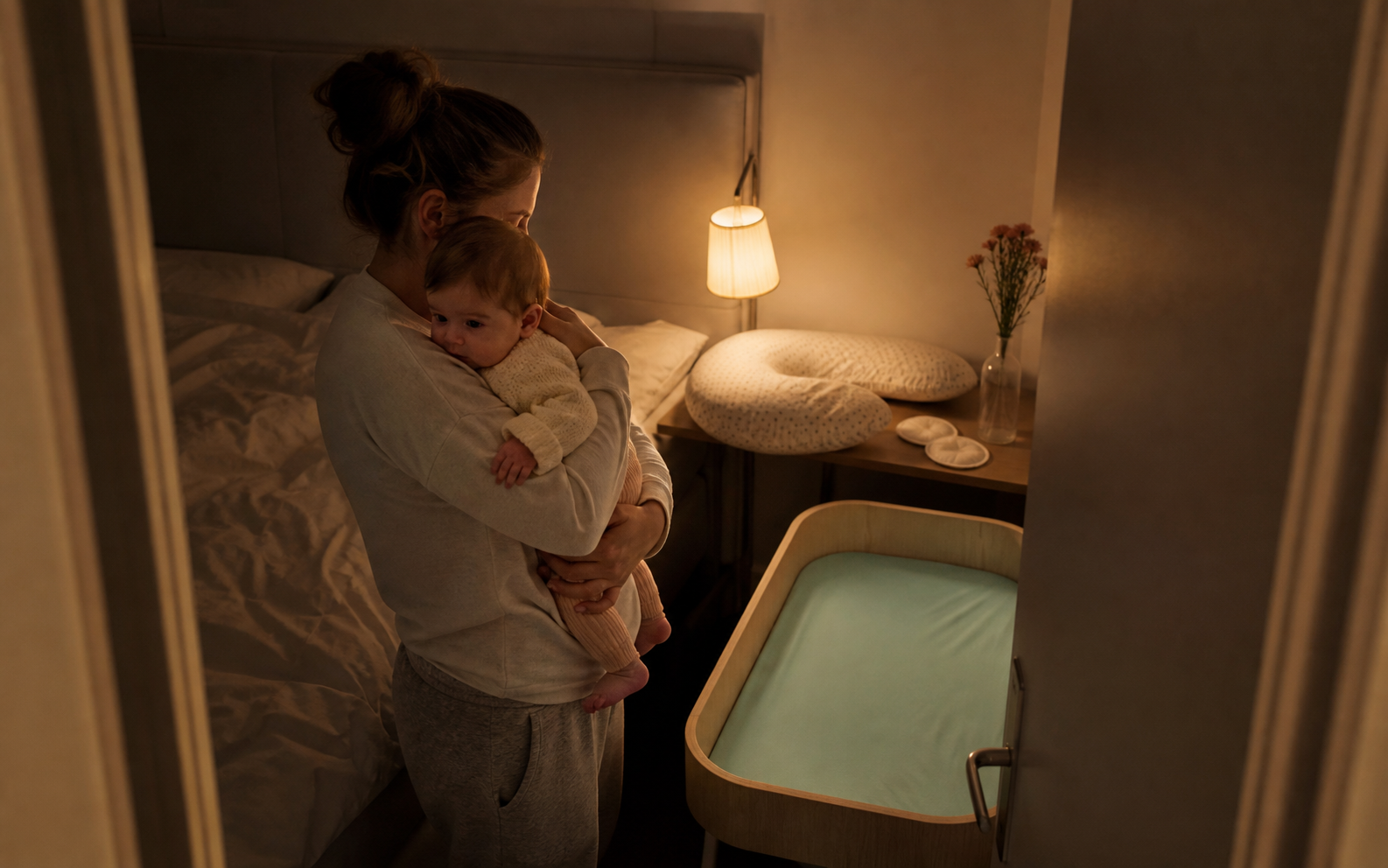 Parent holds an awake baby after a night feed beside an empty bassinet with feeding supplies outside the sleep space