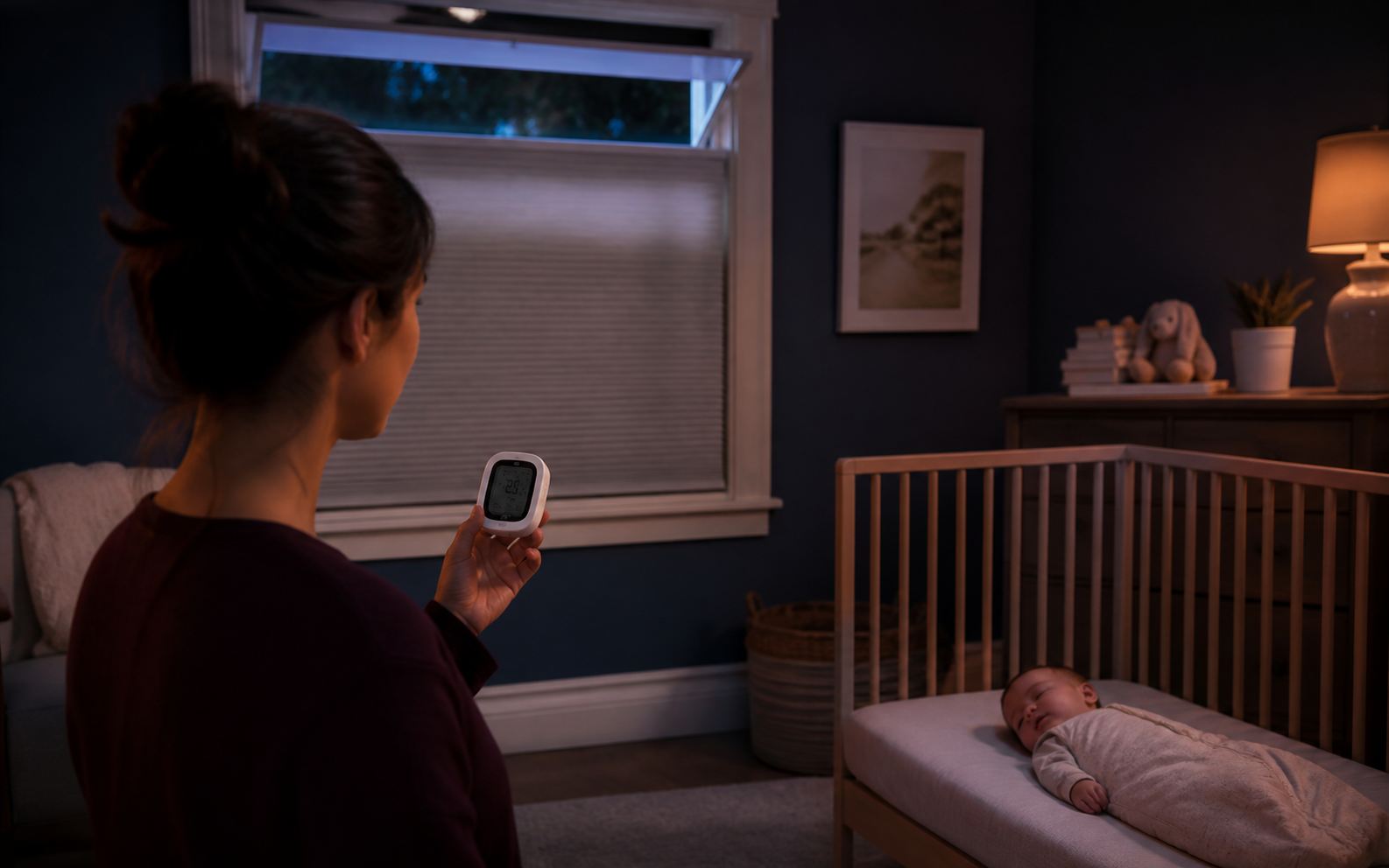 A parent checks the nursery temperature while a baby sleeps safely in an empty crib away from a limited open window
