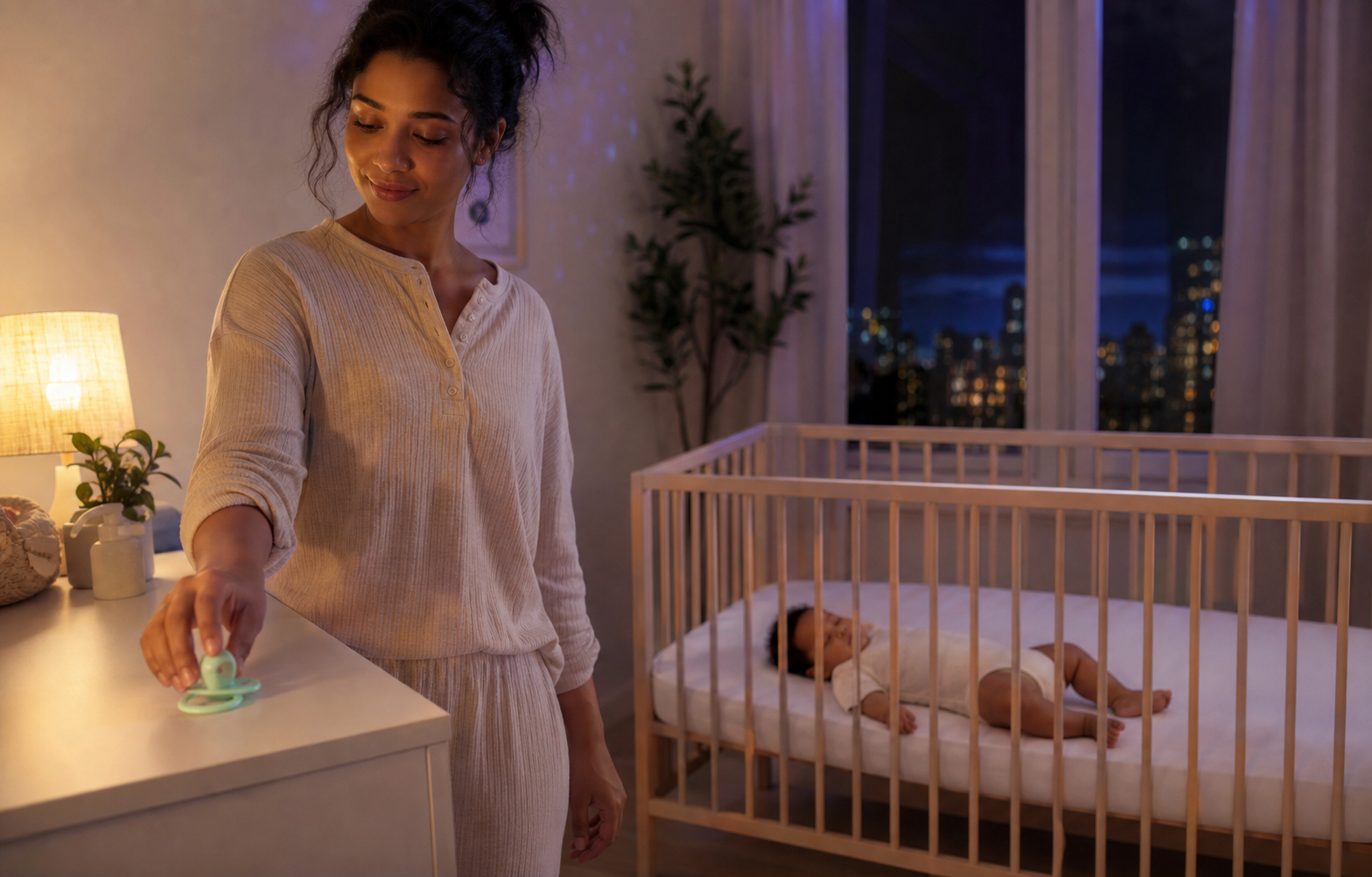 Parent sets down a pacifier beside a safely sleeping baby in a bare crib