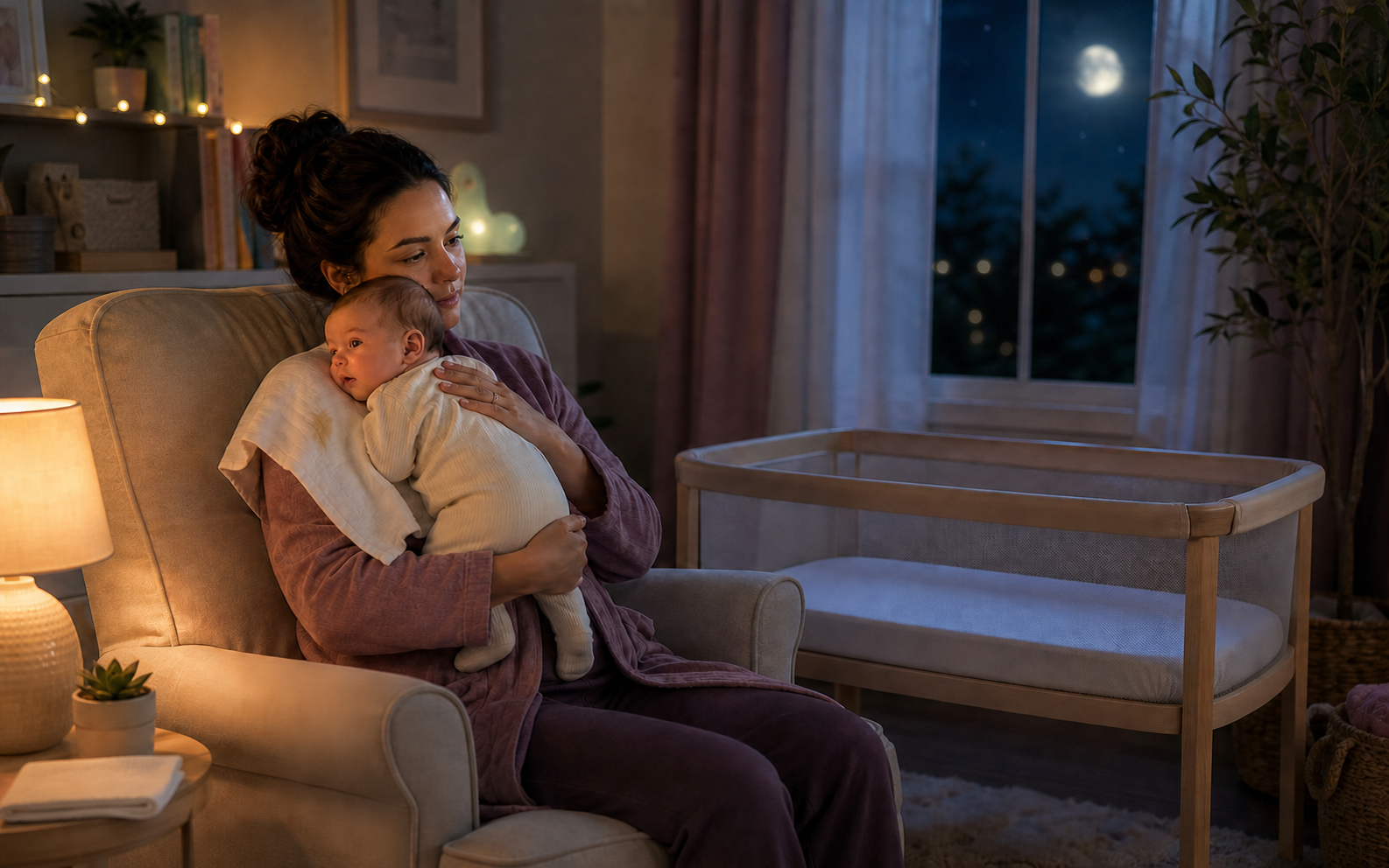 Awake caregiver holds an infant upright after spit-up beside an empty flat bassinet at night.