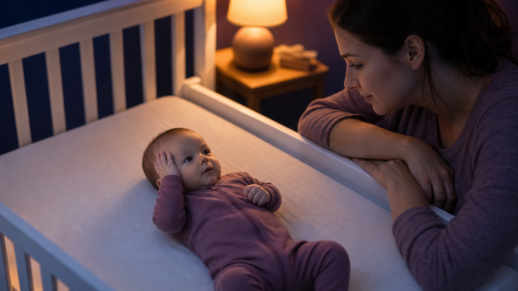 A parent calmly watches a responsive baby touch his head while settling in a bare crib under a warm nightlight.