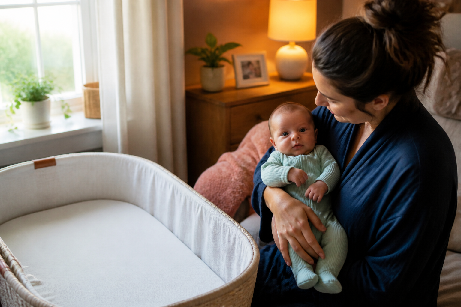 A parent holds an alert seven-week-old beside an empty bassinet between morning window light and a warm bedside lamp