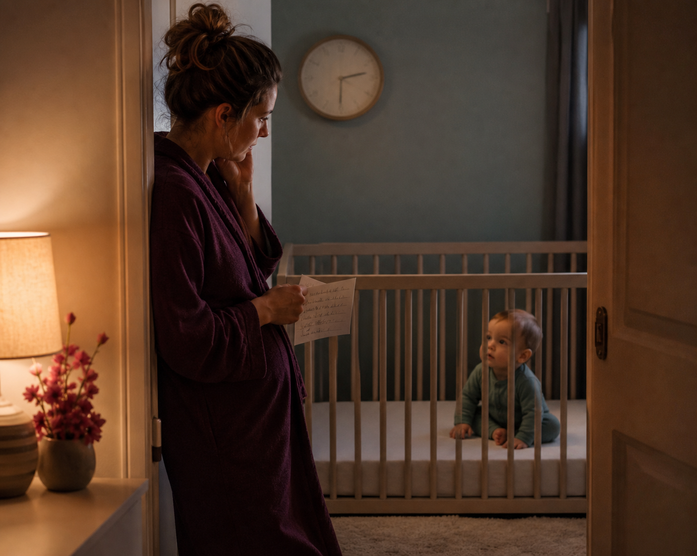 Parent beside a crib at night noticing an eight-month-old awake after a third unexpected wake