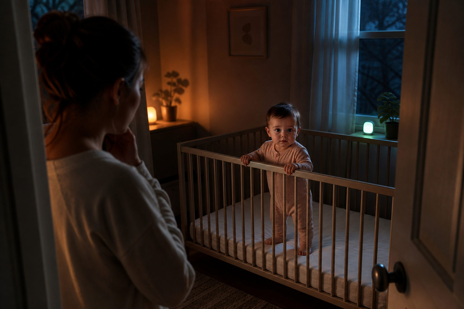 An alert 10-month-old stands safely in a bare lowered crib while a caregiver pauses in a dim doorway between amber nightlight and cool moonlight.