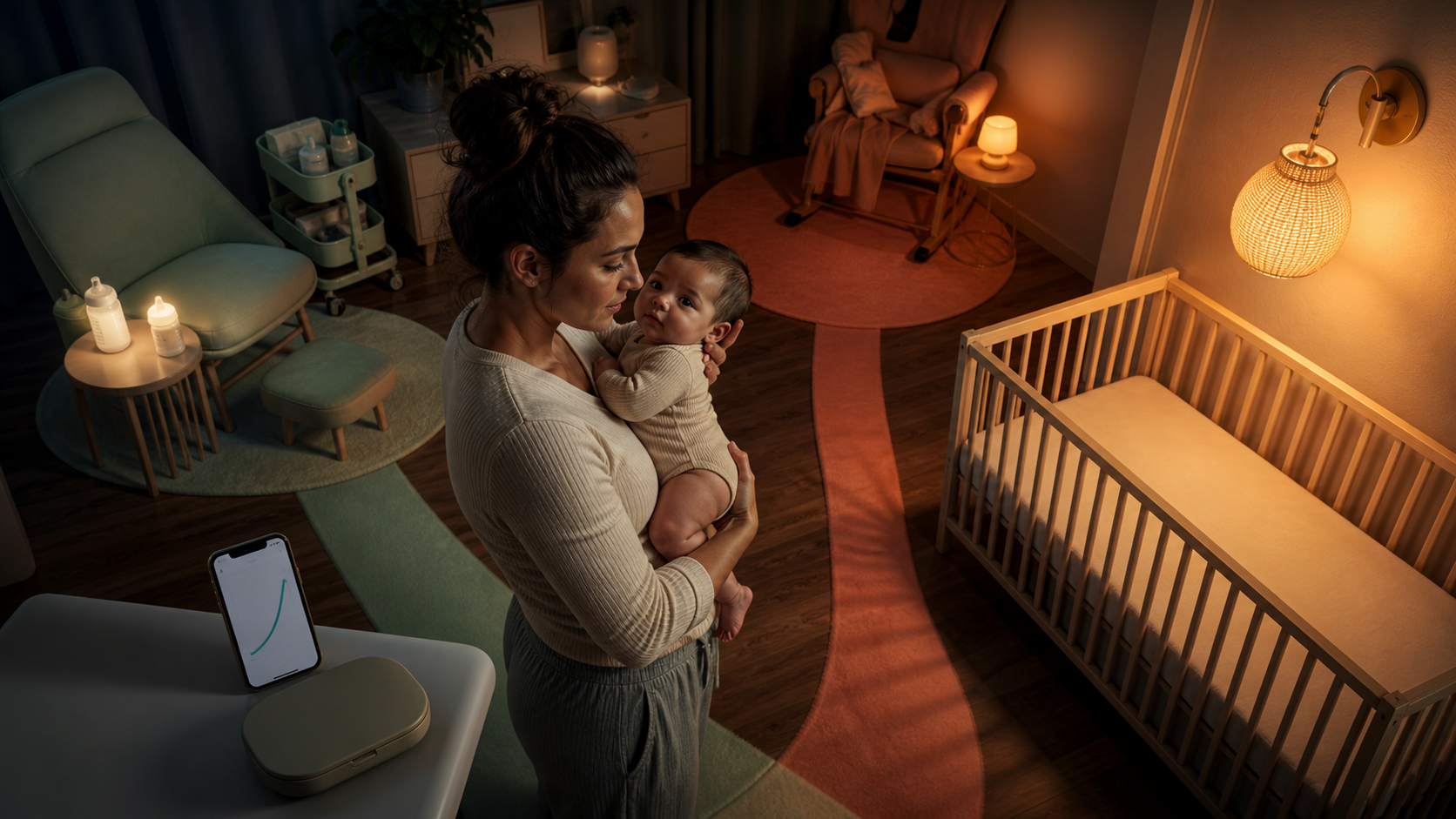 An alert caregiver holds an awake baby beside a portal growth curve and separate feeding and settling plans that meet at a firm, flat, empty crib.