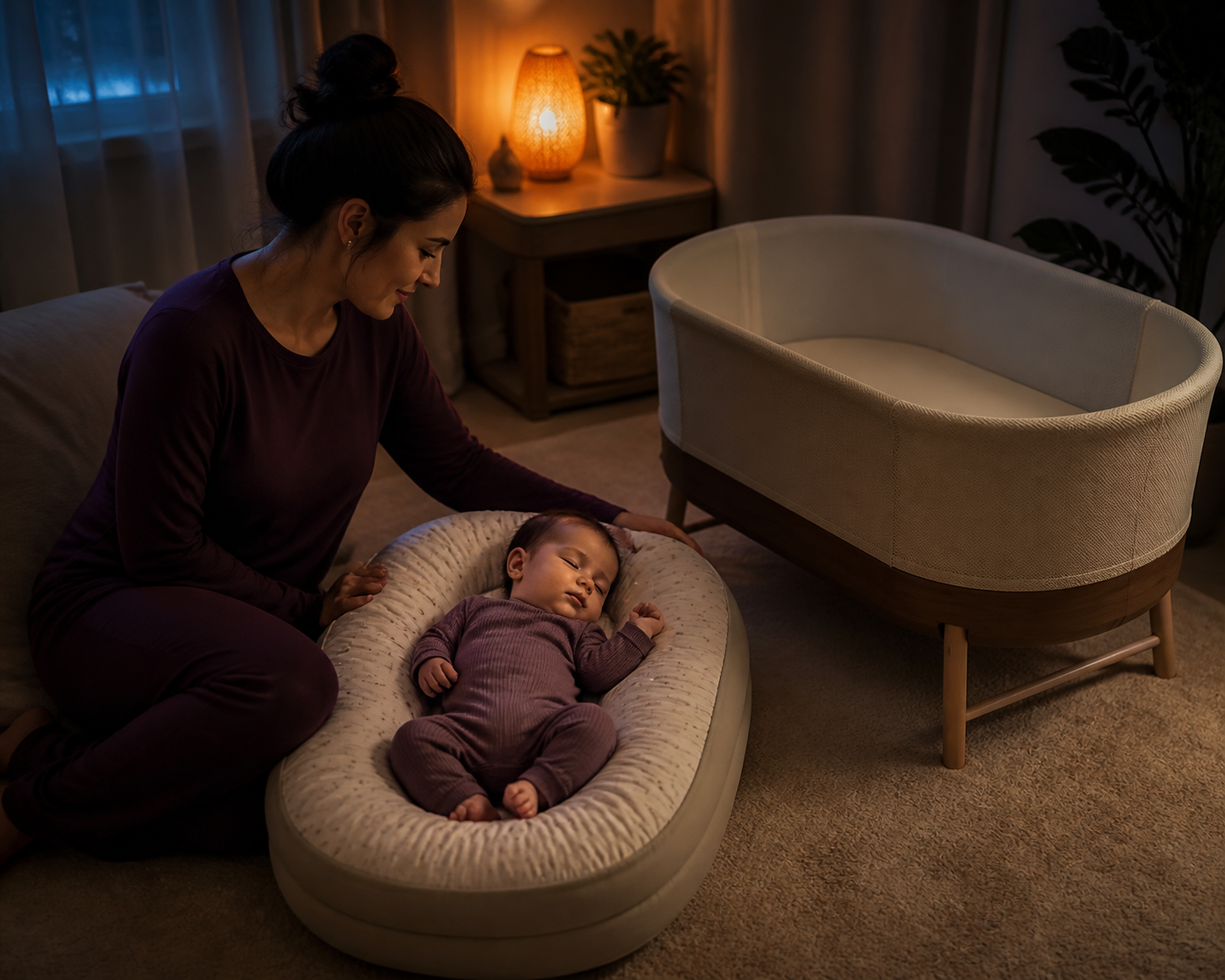 Alert caregiver beside a sleeping baby in a padded lounger while a bare bassinet waits nearby for an immediate transfer