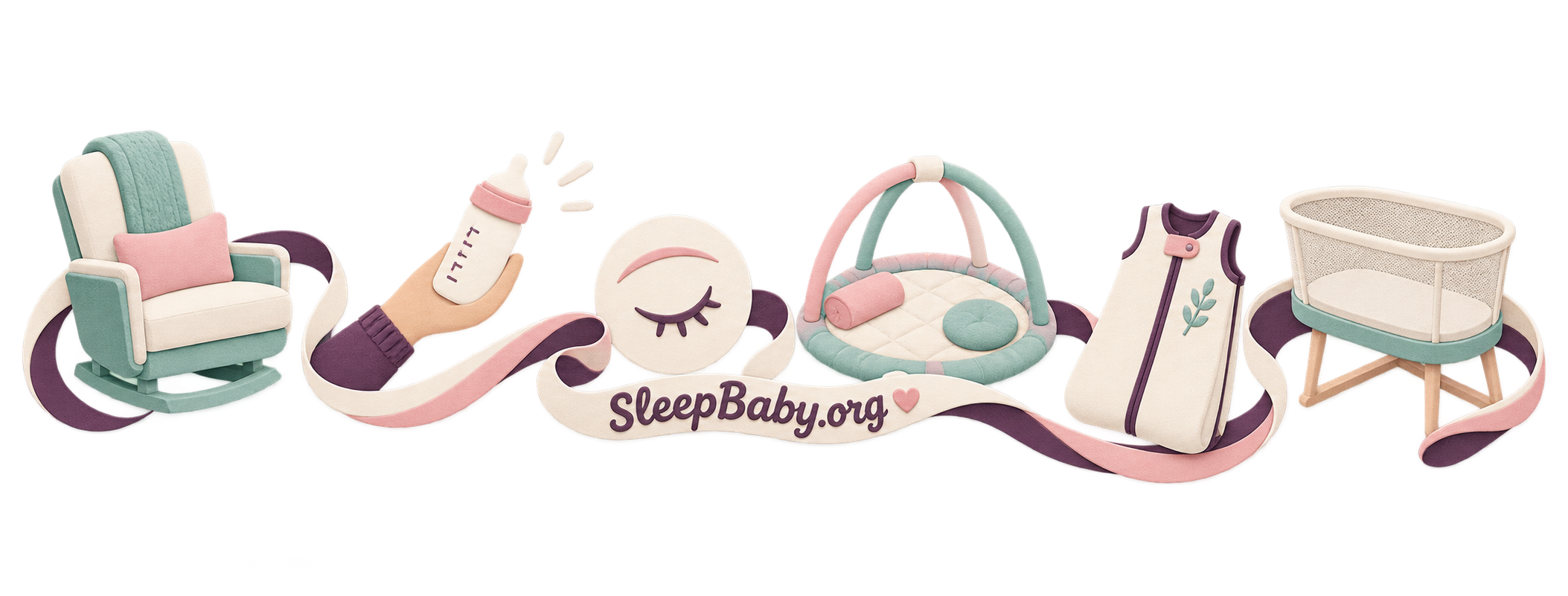 Editorial ribbon linking a feeding chair, feeding cue, calm eye, play mat, sleep sack, and empty bassinet