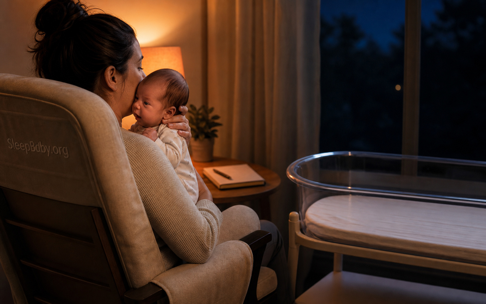 Caregiver completing a quiet nighttime feed before returning a premature baby to a clear bassinet