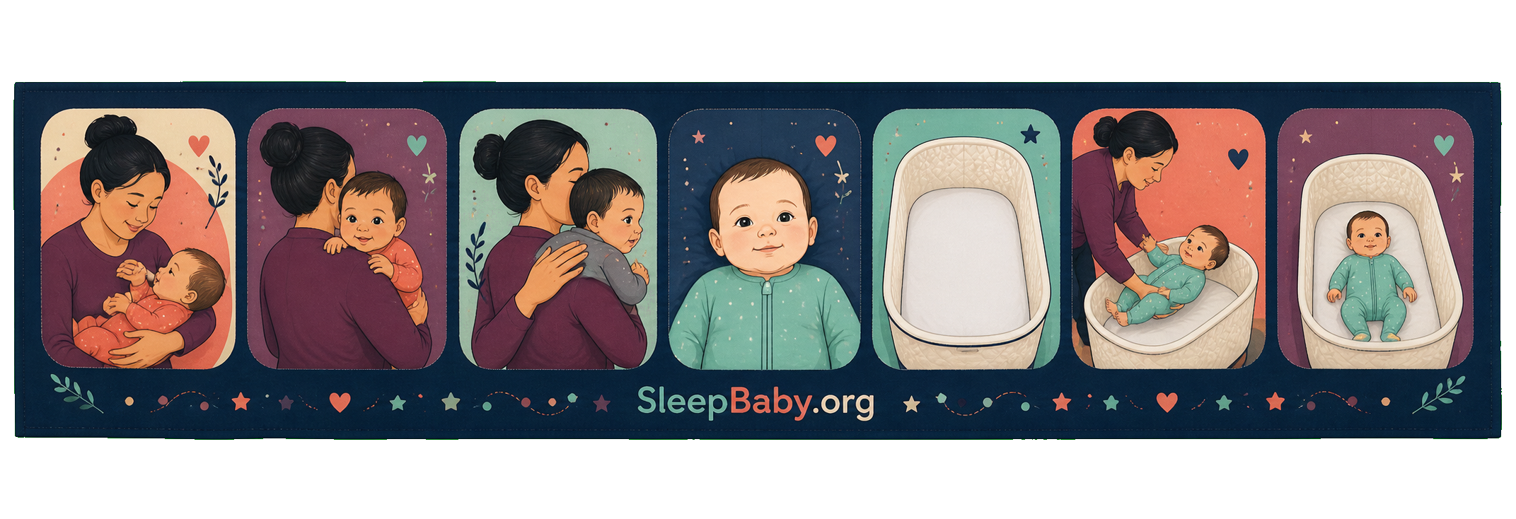 Seven-panel SleepBaby rail showing a feed ending, upright settling, calm breathing, an empty bassinet, and an on-back transfer