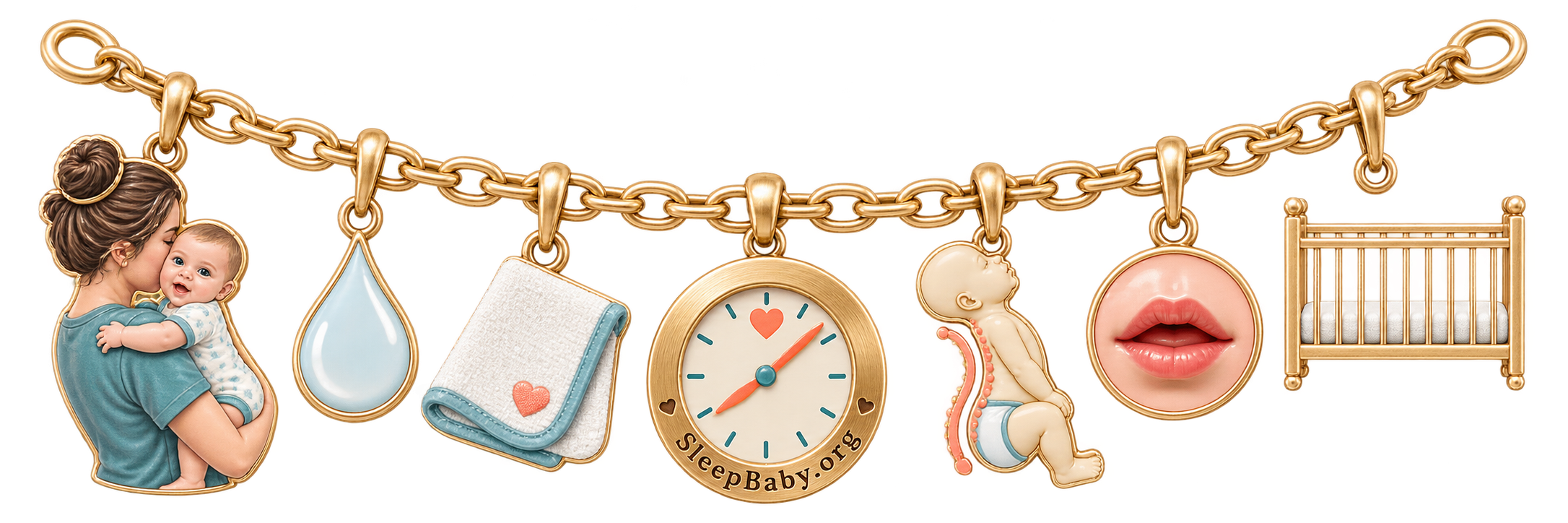 A charm ribbon connects upright feeding, burping, timing, arch observation and return to a flat bare crib