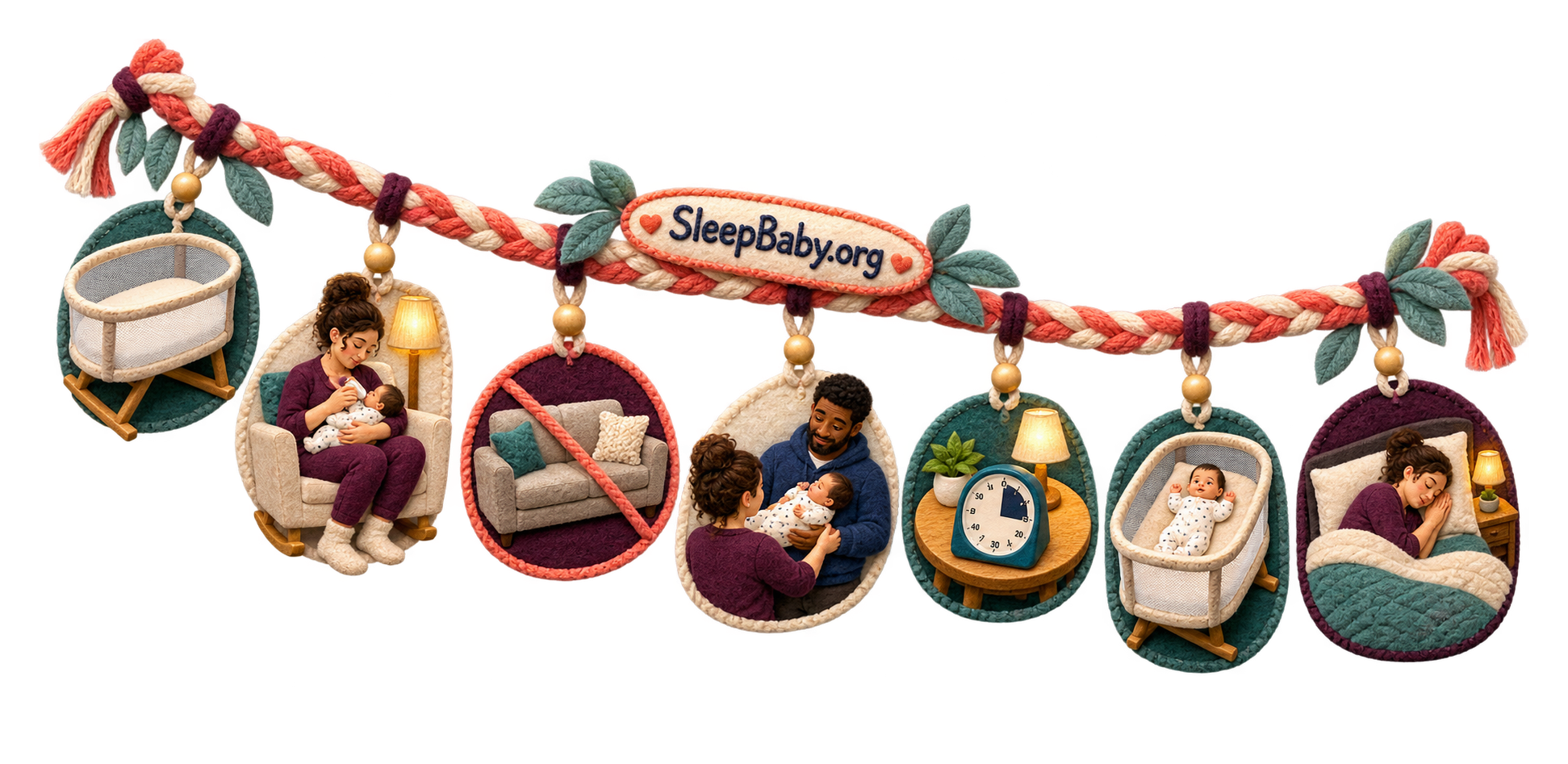 Braided rail maps an upright feed past an avoided couch to partner help, a clear bassinet, and separate rest.