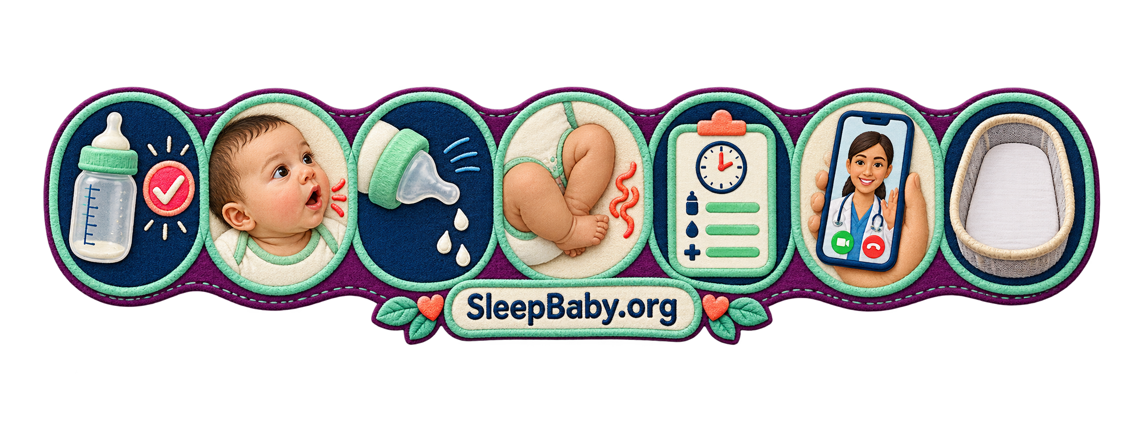 Feeding Details That Change the Burping Answer Seven sewn panels compare a finished bottle, rooting, nipple flow, curled knees, feeding plan, clinician call, and bare bassinet.
