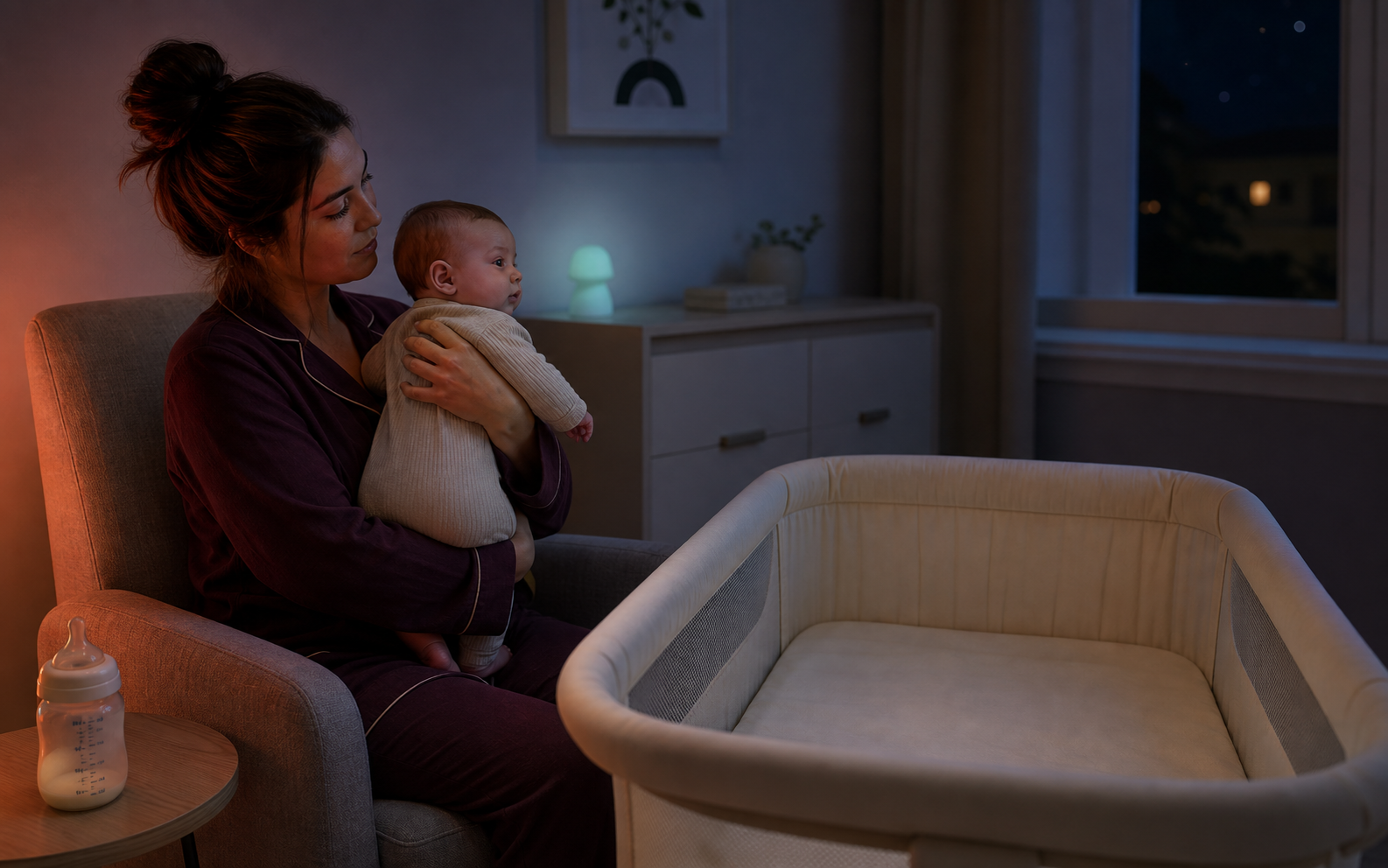 Awake caregiver holding an alert baby upright after feeding beside a clear empty bassinet in a warm nighttime room