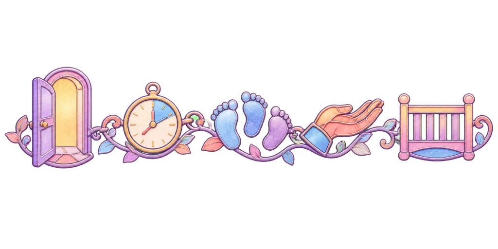 An open door, interval clock, returning footsteps, reassuring hand and crib rail form a timed-check ribbon.