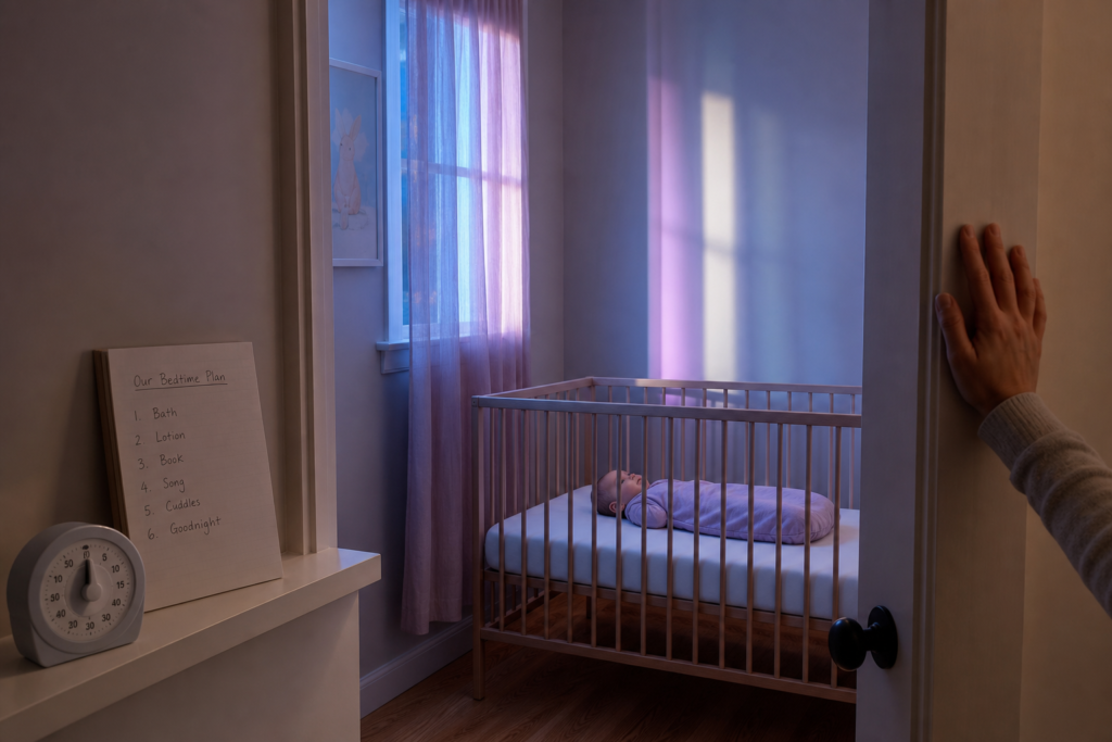 An awake baby lies on their back in an empty crib while a caregiver pauses at the open doorway beside a bedtime plan and timer.