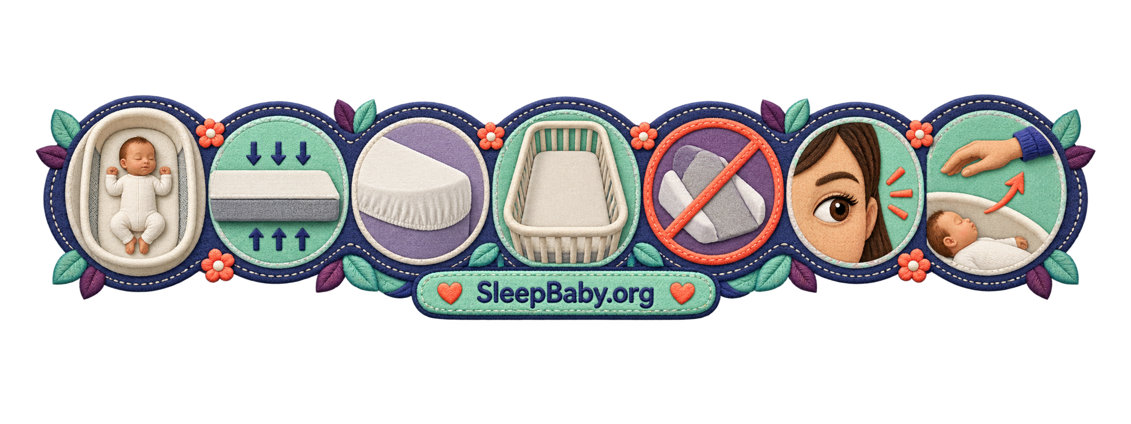 Firm Flat Back Sleep Boundary After Burping Seven stitched panels show back sleeping, firm mattress, fitted sheet, empty crib, no wedge, alert caregiver, and completed transfer.