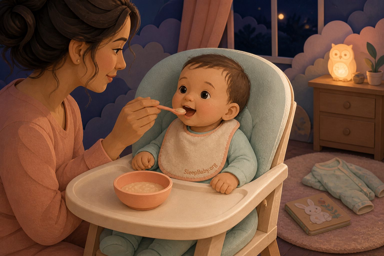 An upright baby opens for a tiny spoonful while pajamas, a bedtime book and nightlight wait beyond the high chair.