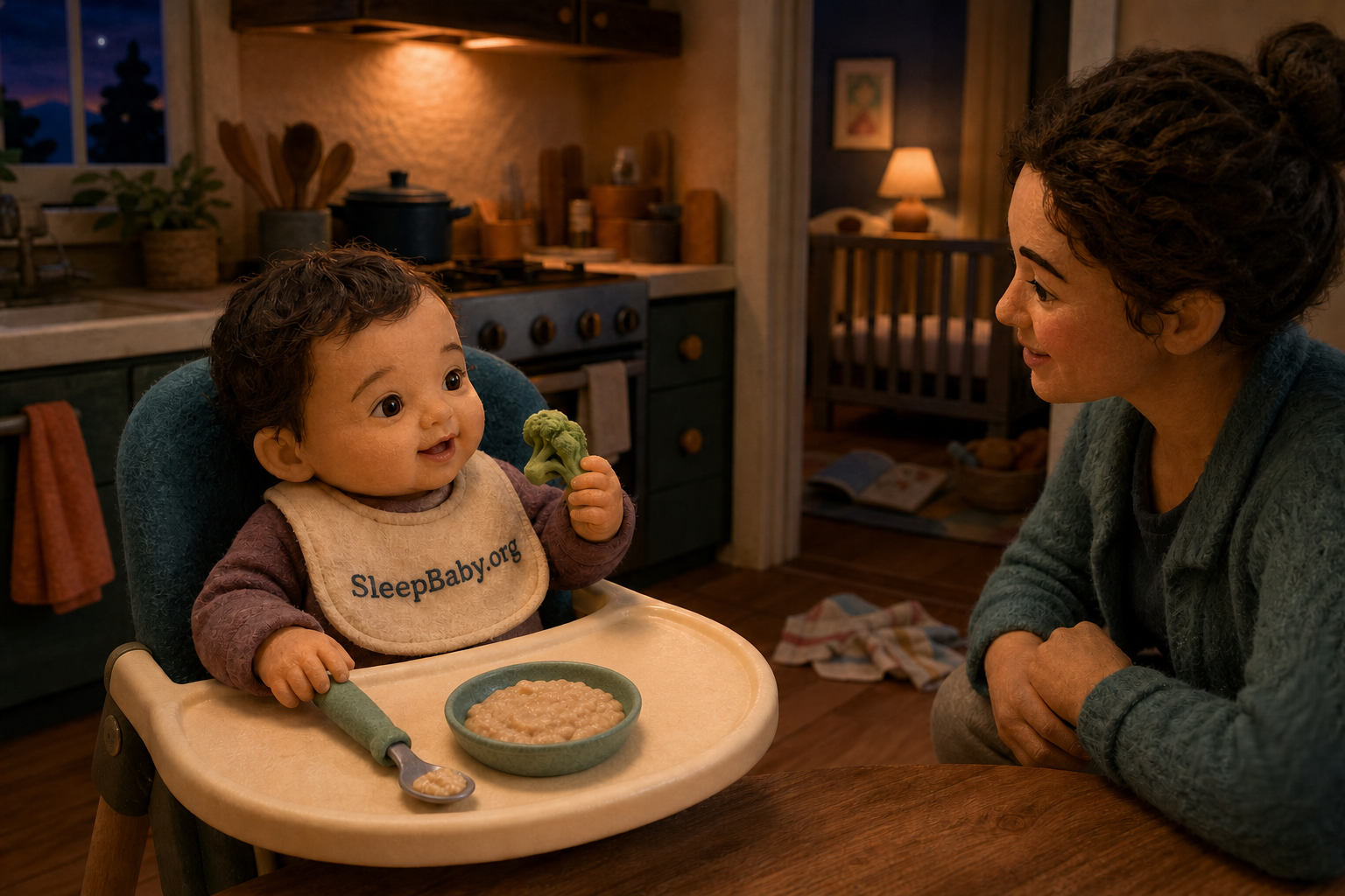 Upright alert baby explores soft broccoli and oatmeal while a caregiver watches closely at dusk.