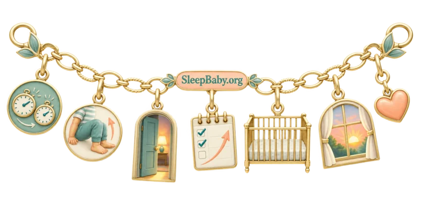 A relief charm ribbon connects steadier nap clocks, bending knees, a warm return, checked note, clear crib, dawn, and heart