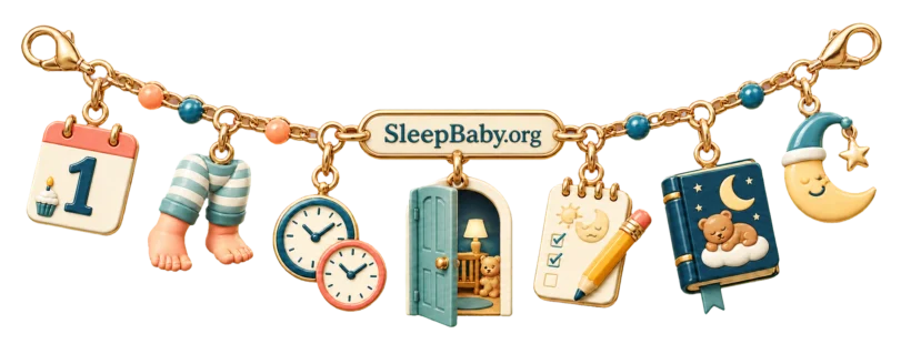A first-birthday charm ribbon links standing feet, two nap clocks, a doorway, observation note, bedtime book, and moon